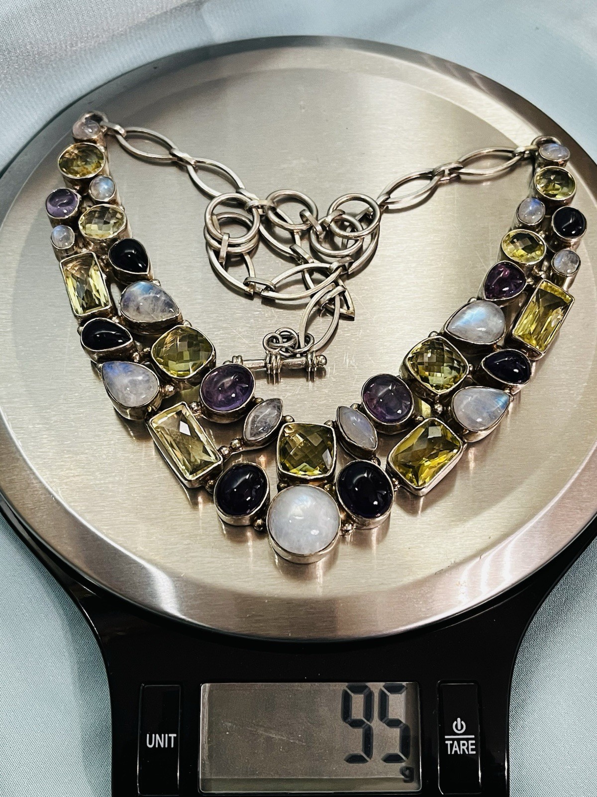 Sterling Silver Multi-gem Moonstone Tourmaline Amethyst Necklace Healing 96 Gram