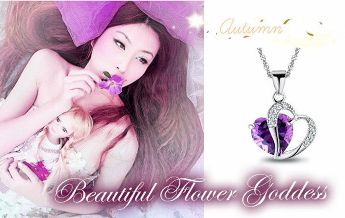 Women 925 Sterling Silver Necklace Chain Amethyst Crystal Heart Purple Pendant