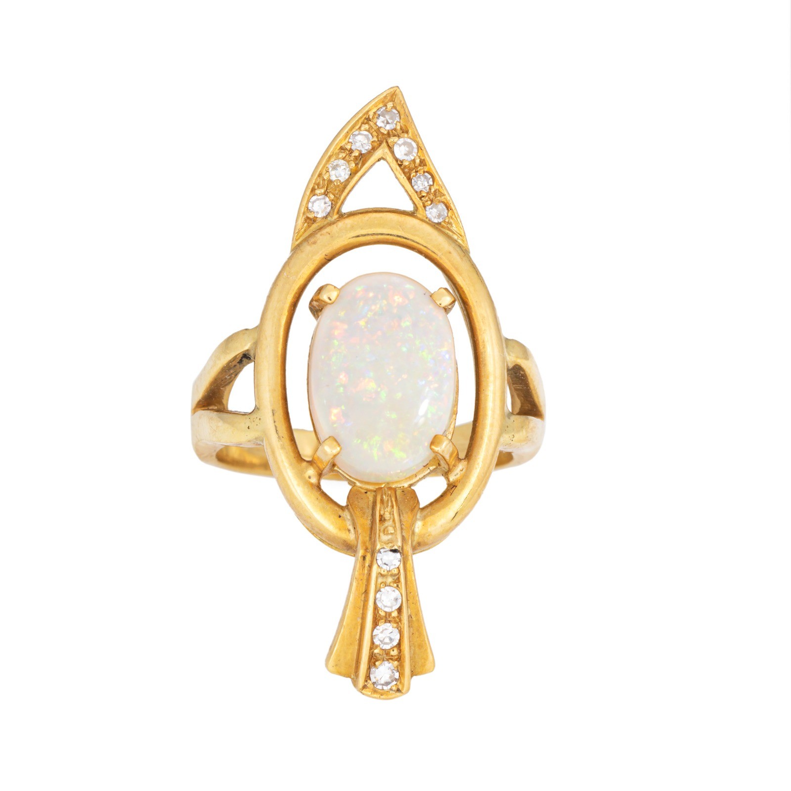 70s Opal Diamond Abstract Ring Sz 5 Vintage 18k Gold Cocktail Fine Jewelry