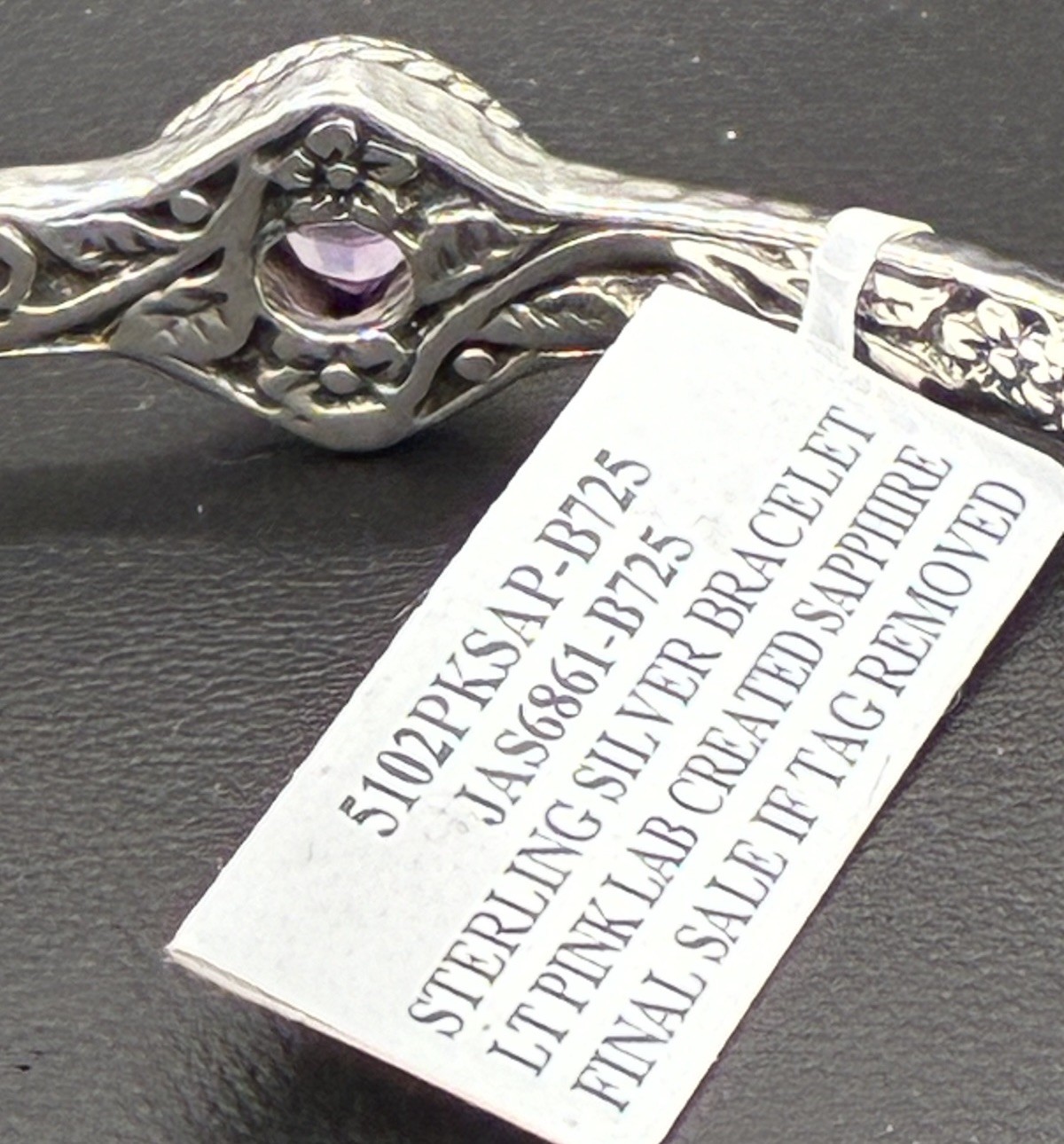 Sarda Light Pink Lab Created Sapphire Sterling Silver Cuff Bracelet Size 7.25