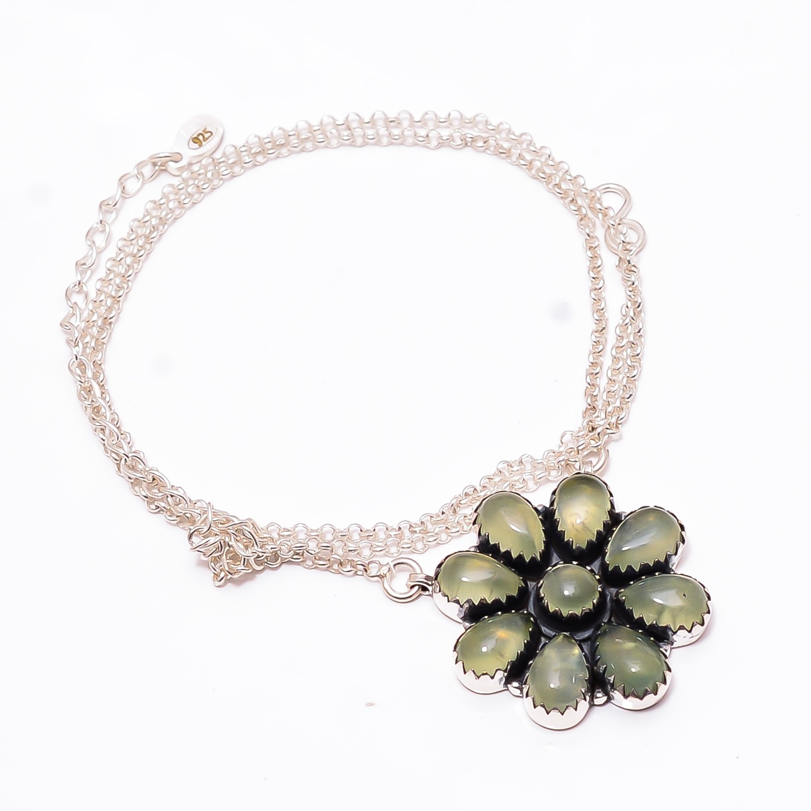 Prehnite – South Africa 925 Sterling Silver Cluster Flower Necklace 19-23″ CP4