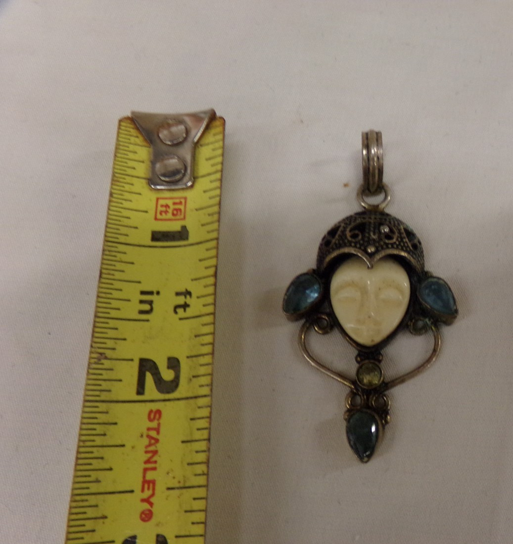 SAJEN Goddess Carved Silver Necklace Pendant With Blue Topaz Stones Unsigned