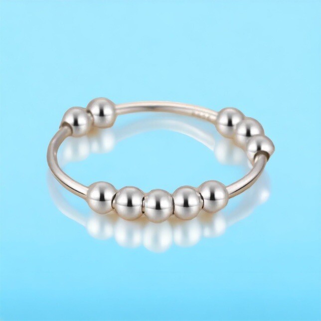 925 Sterling Silver w/ 10 Beads Womens Mens Gift Spinner Fidget Rings 8.75 New