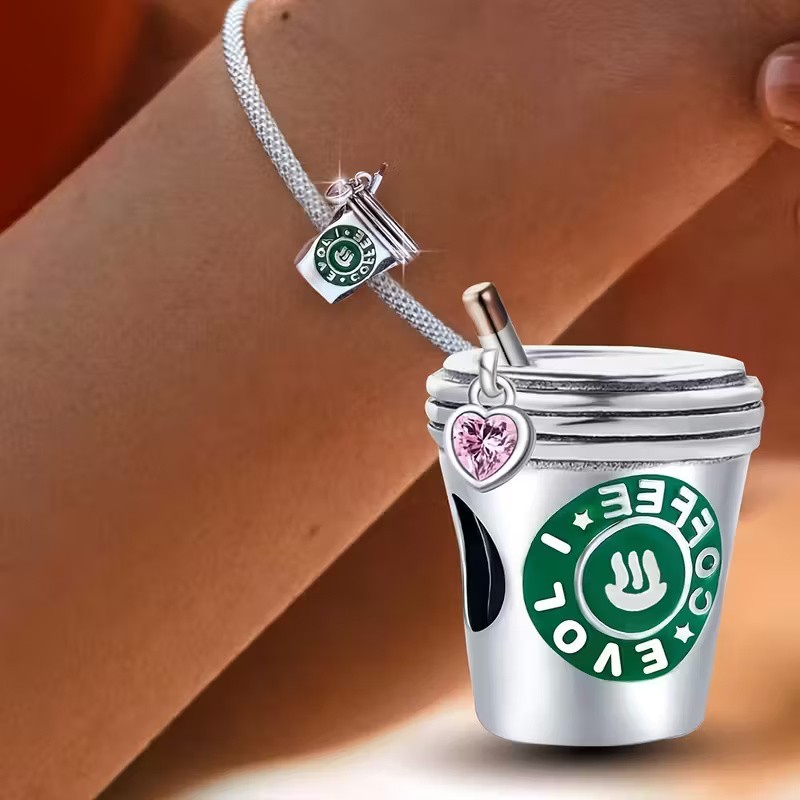 Coffee Cup with pink heart Bead Charm Sterling Silver S925 Hallmarked