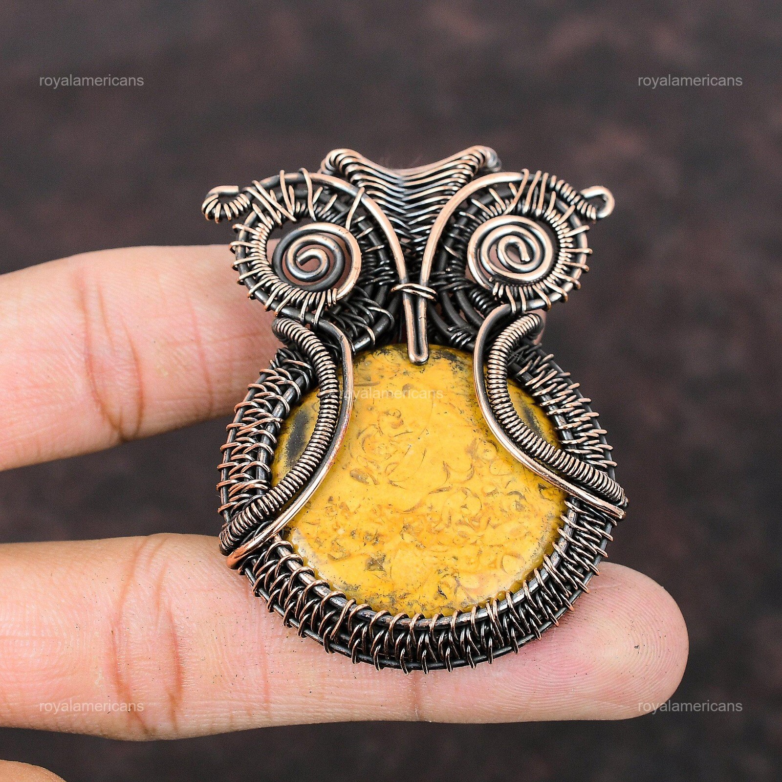 Petrified Wood Jasper Wire Wrapped Owl Pendant Handcrafted Copper Unique 2.48″