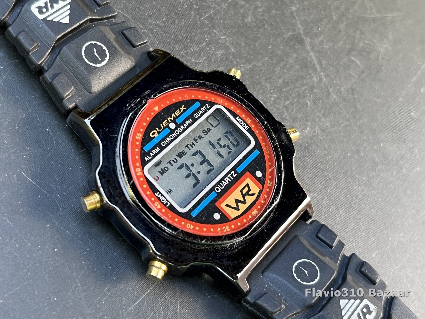 1990’s Vintage QUEMEX Alarm Chronograph 40mm Black Watch – New Battery