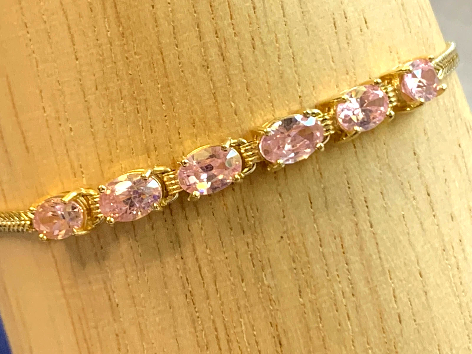14K Yellow Gold Finish Oval Cut Simulated Pink Sapphire Women Chain Barcelet