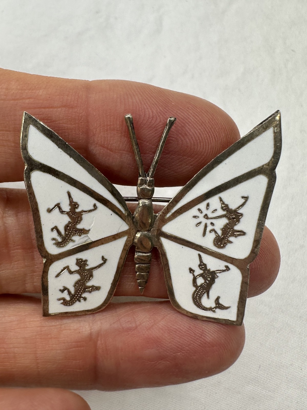 Siam Sterling Silver Butterfly Brooch Shite Goddess Pin White 925 Signed VTG