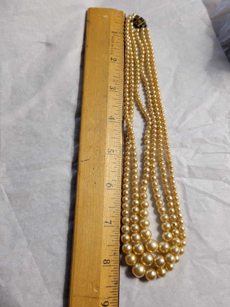 Vintage Faux Champagne Cream Pearl Three Strand Necklace 16″