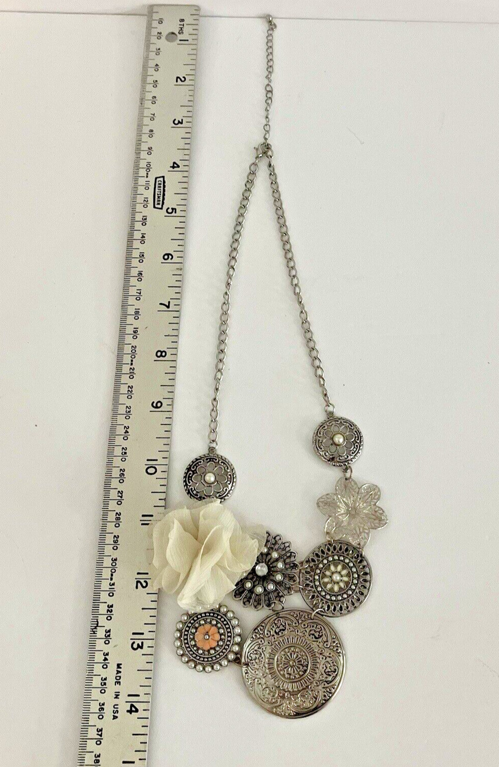 Vintage Costume Necklace Ivory Fabric Flower Silver Colored Pendants Jewelry