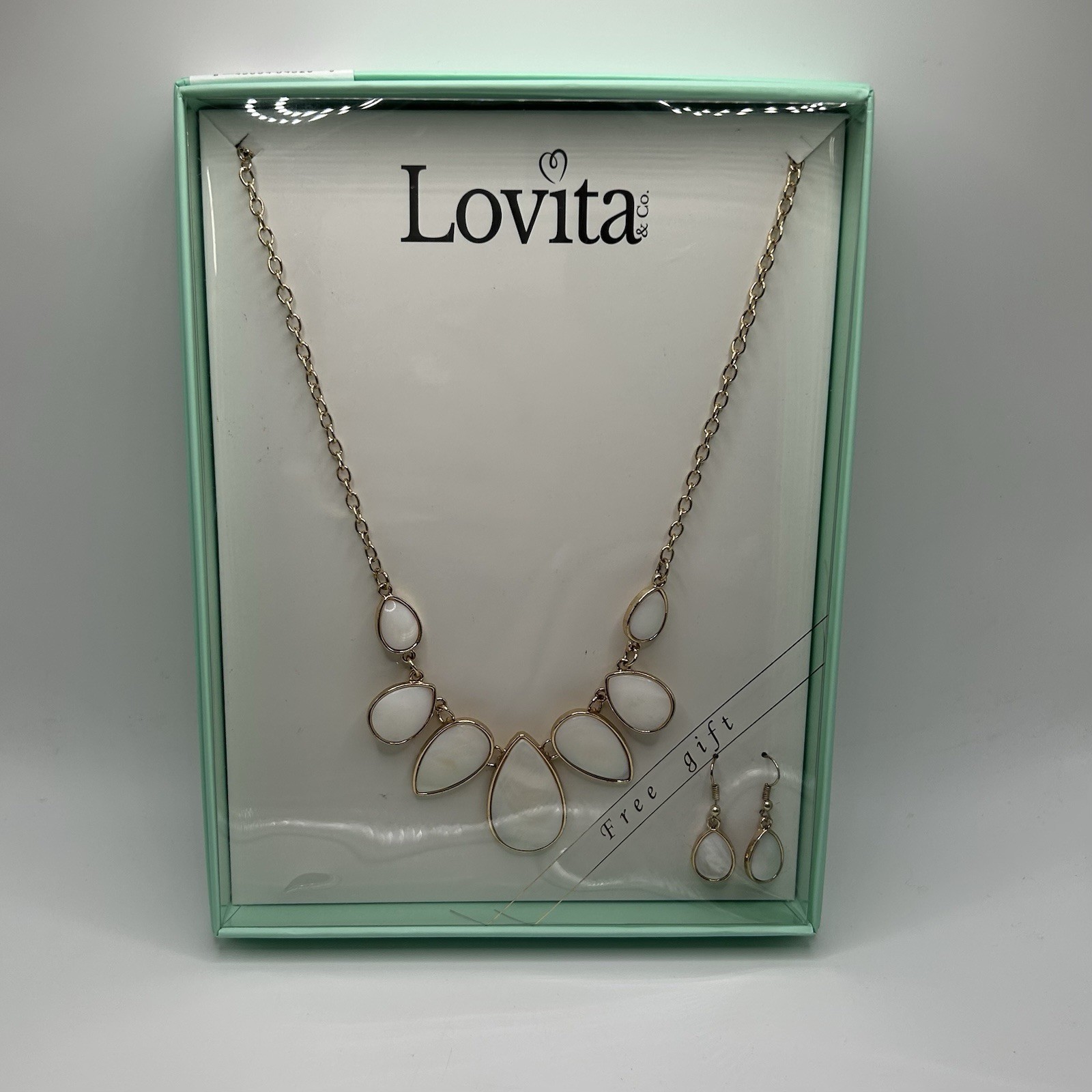 Lovita & Co. Gold Color Multi White Stone Pendant Necklace & Dangly Earring Set