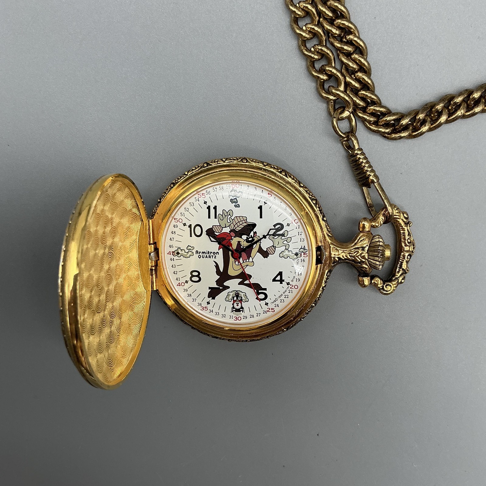 Vintage Armitron Tasmanian Devil Pocket Watch 40mm Gold Tone Train New Battery