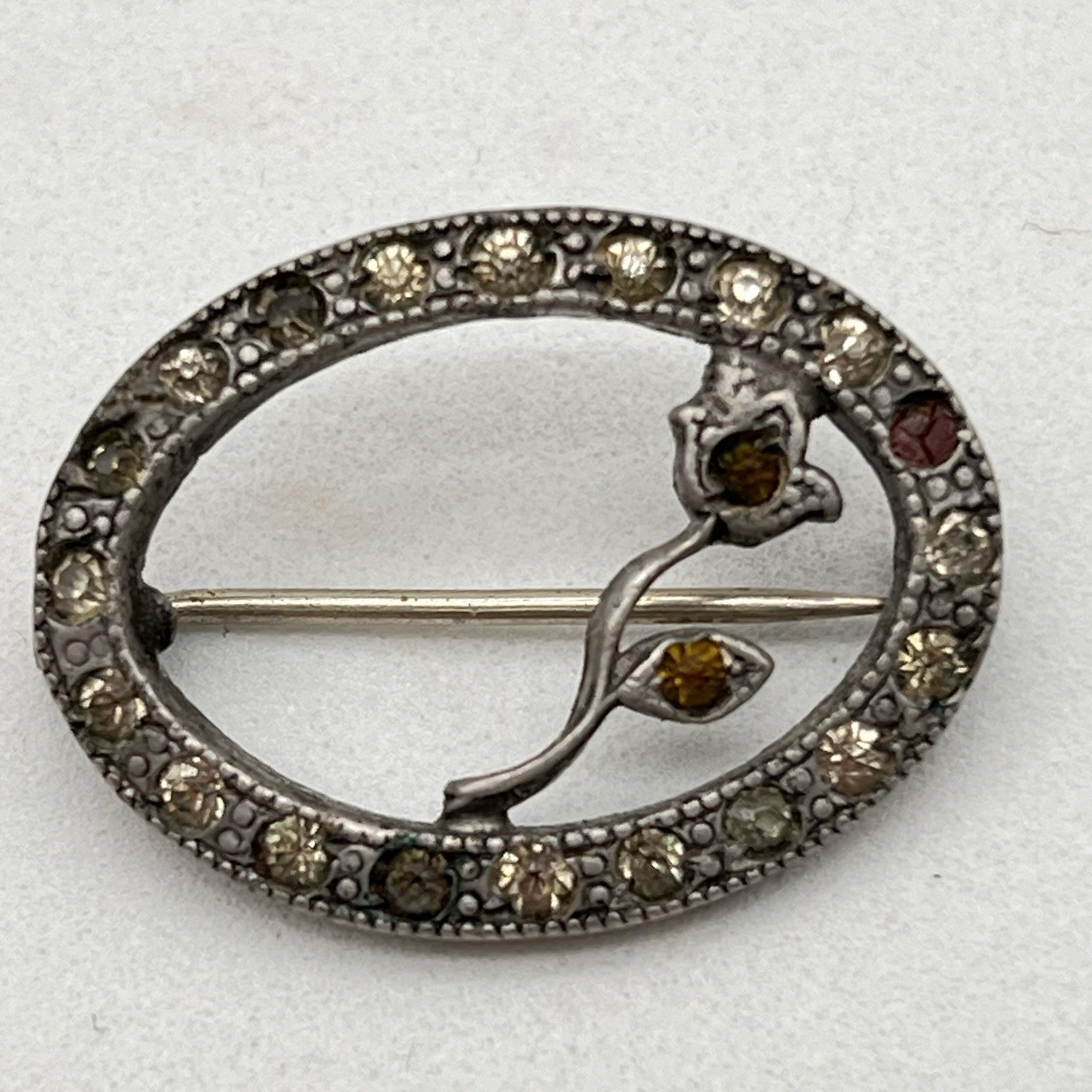 Vintage Brooch Lot 2 Enamel Leaf Brass Tone Oval Rhinestone Rose C Clasp AS IS