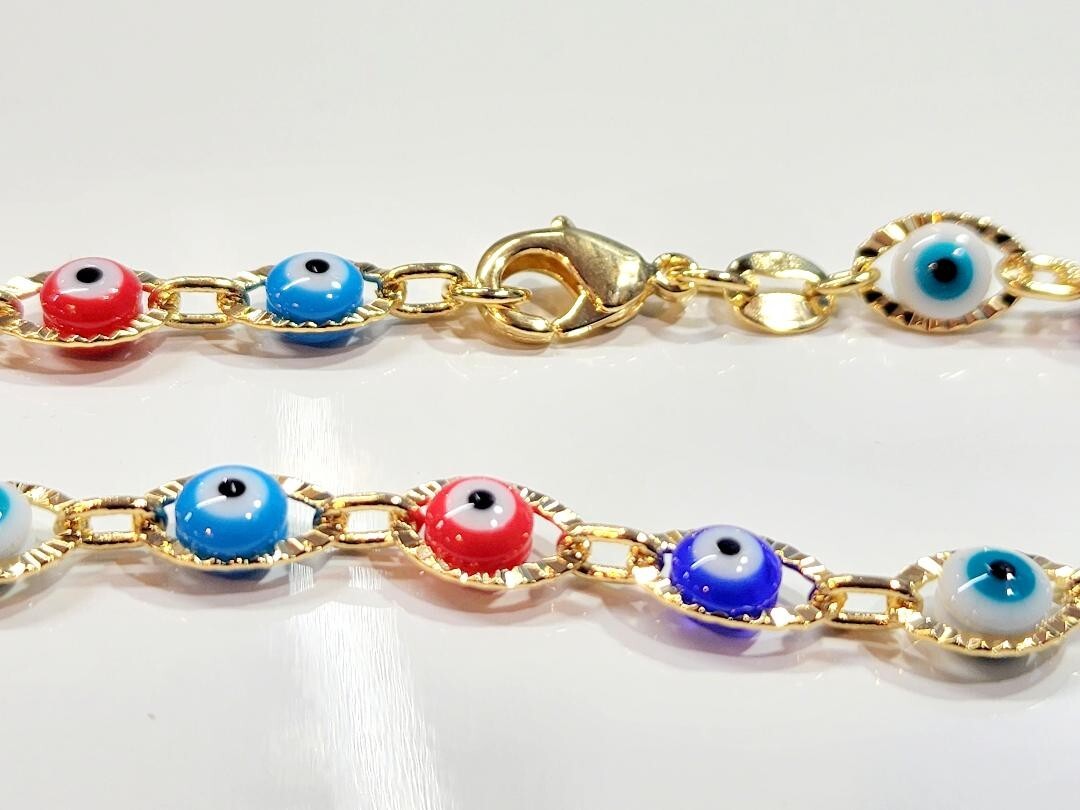 Evil Eye Bracelet 7.5 inch Long multi color Eyes Diamond Cut 14k Gold Filled # 2