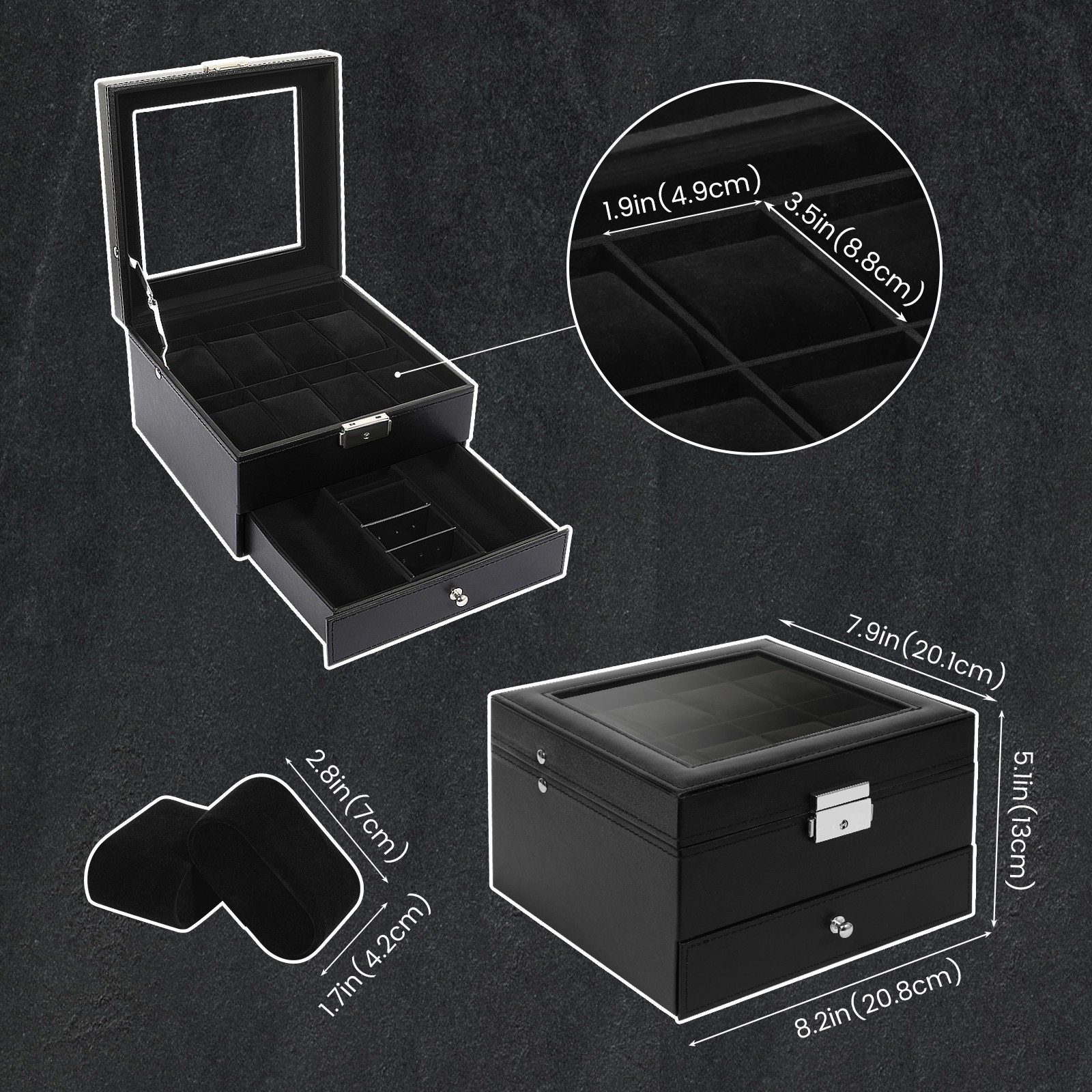 8-Slot Watch Box Lockable Watch Case 2 Layers with 1 Drawer for Rings Watch Gift