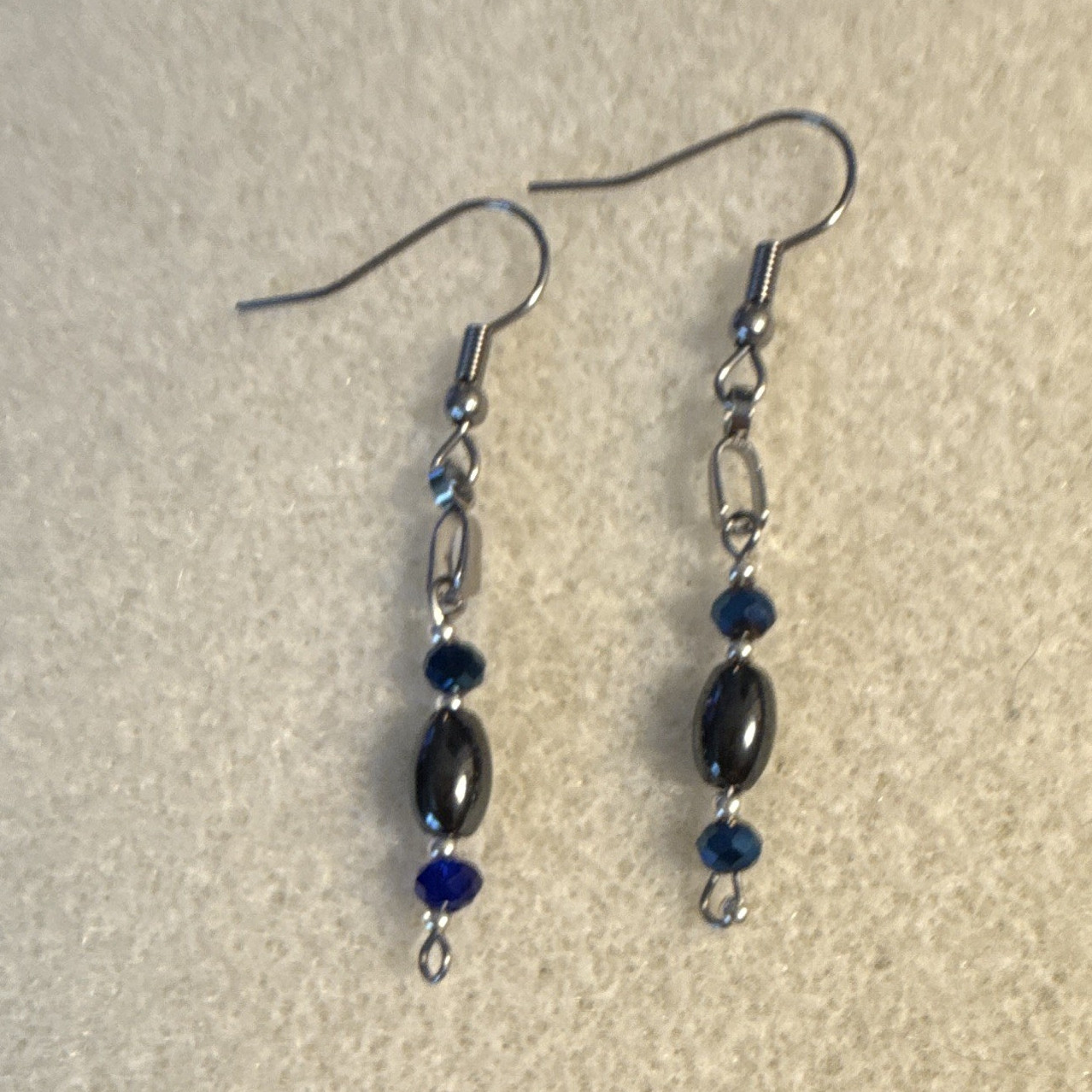 Silver Tone Blue/Black Hematite Beaded Dangle/Drop Earrings Hook