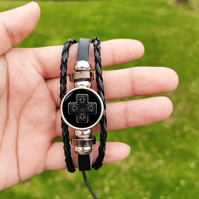 FIMAOHip Hop Video Game Controller Bracelet Leather Braided Glass Button