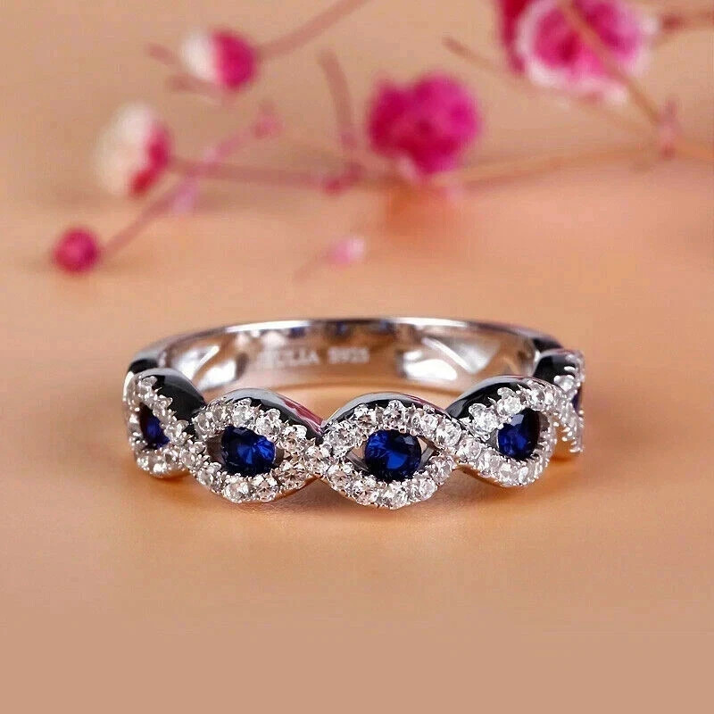 1.83 Ct Round Cut Natural Sapphire Wedding Ring 14K White Gold