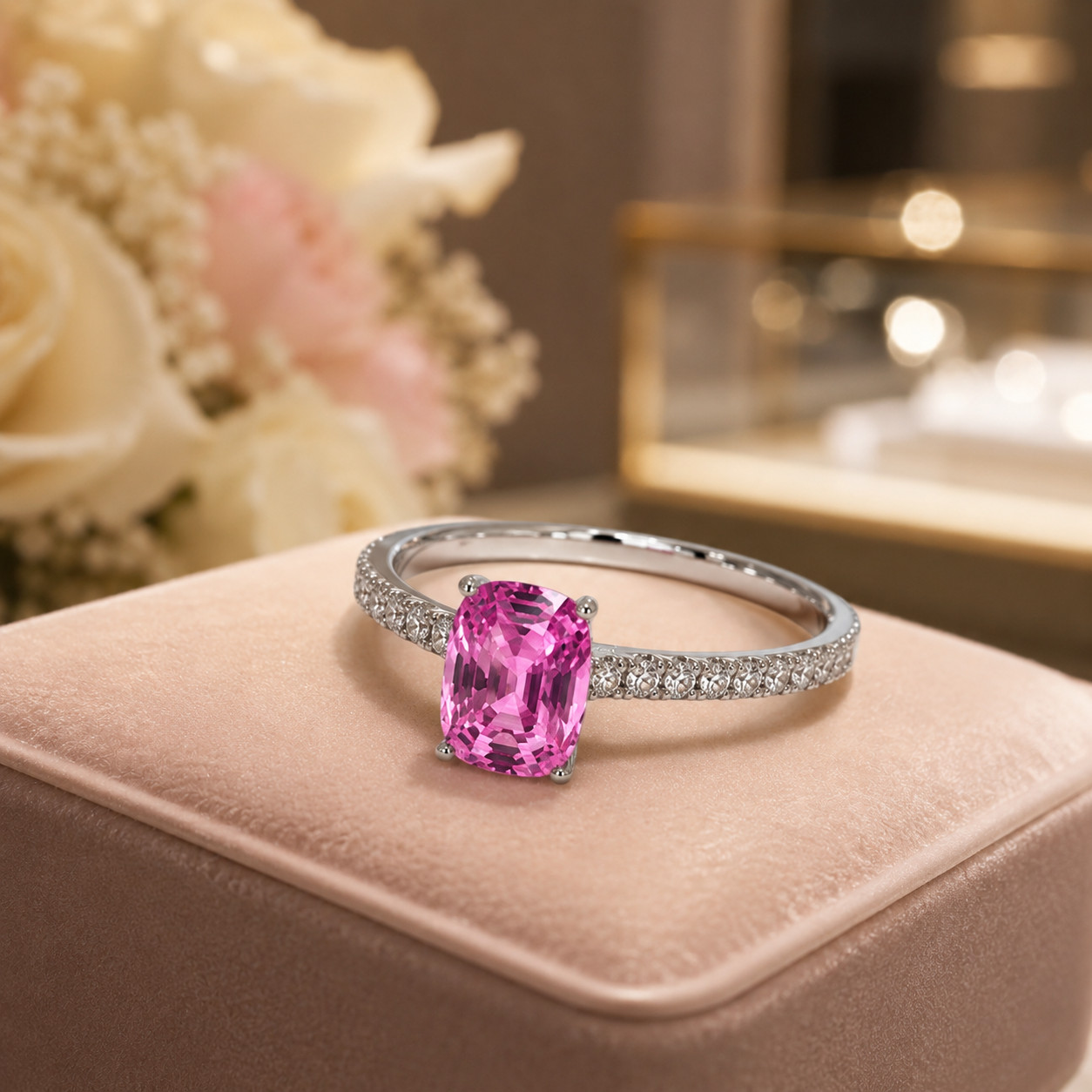 Natural Pink Sapphire & Diamond Wedding Gift Ring 14k White Gold (Import Free)