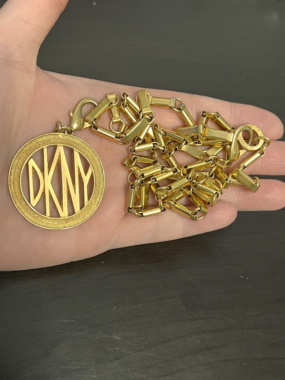 Vintage DKNY Donna Karan Pendant Statement Necklace Long Gold Tone Chain Signed!