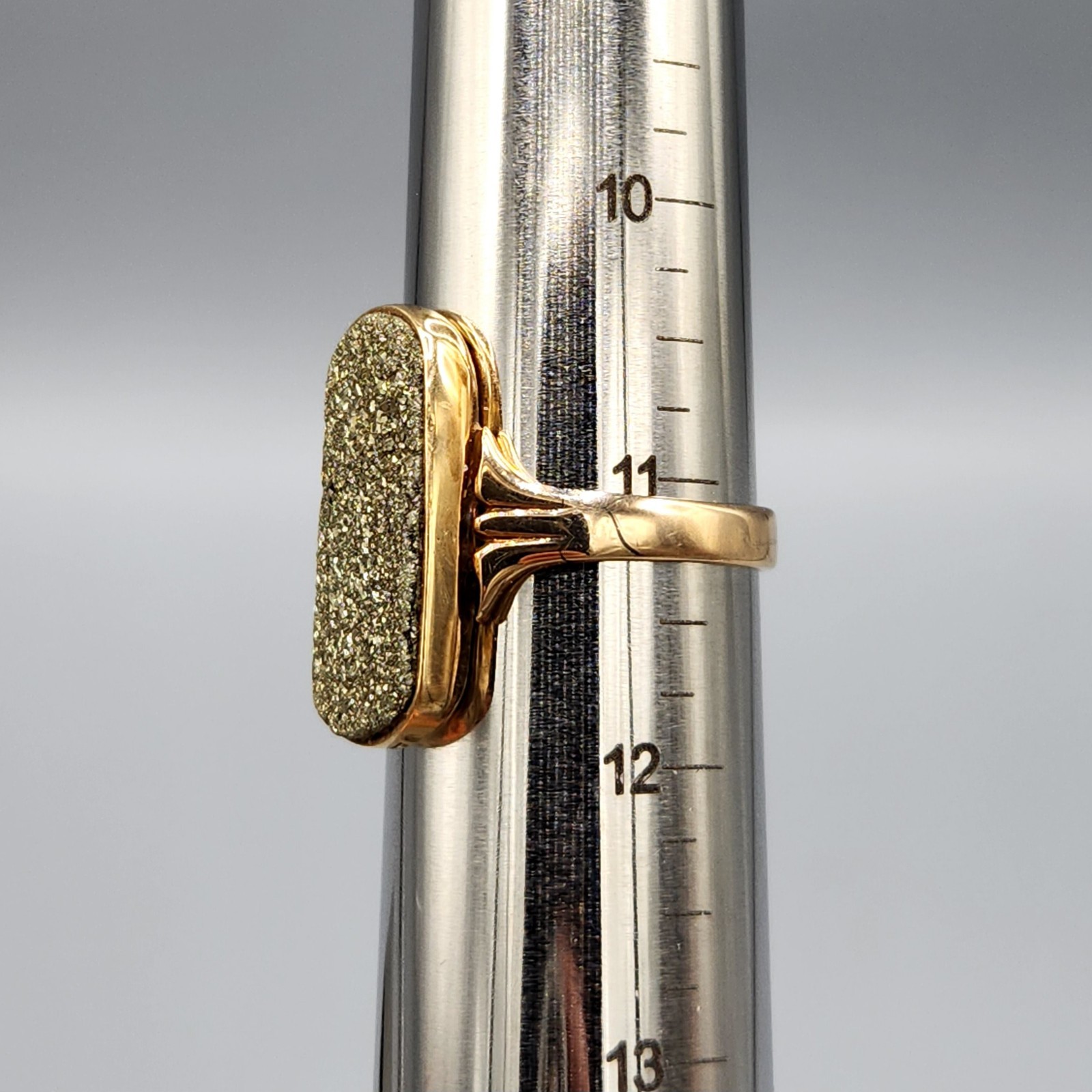 14K Rose Gold Large Pyrite Fools Gold Druzy Rectangle Band Ring Size 11.25 7.5g
