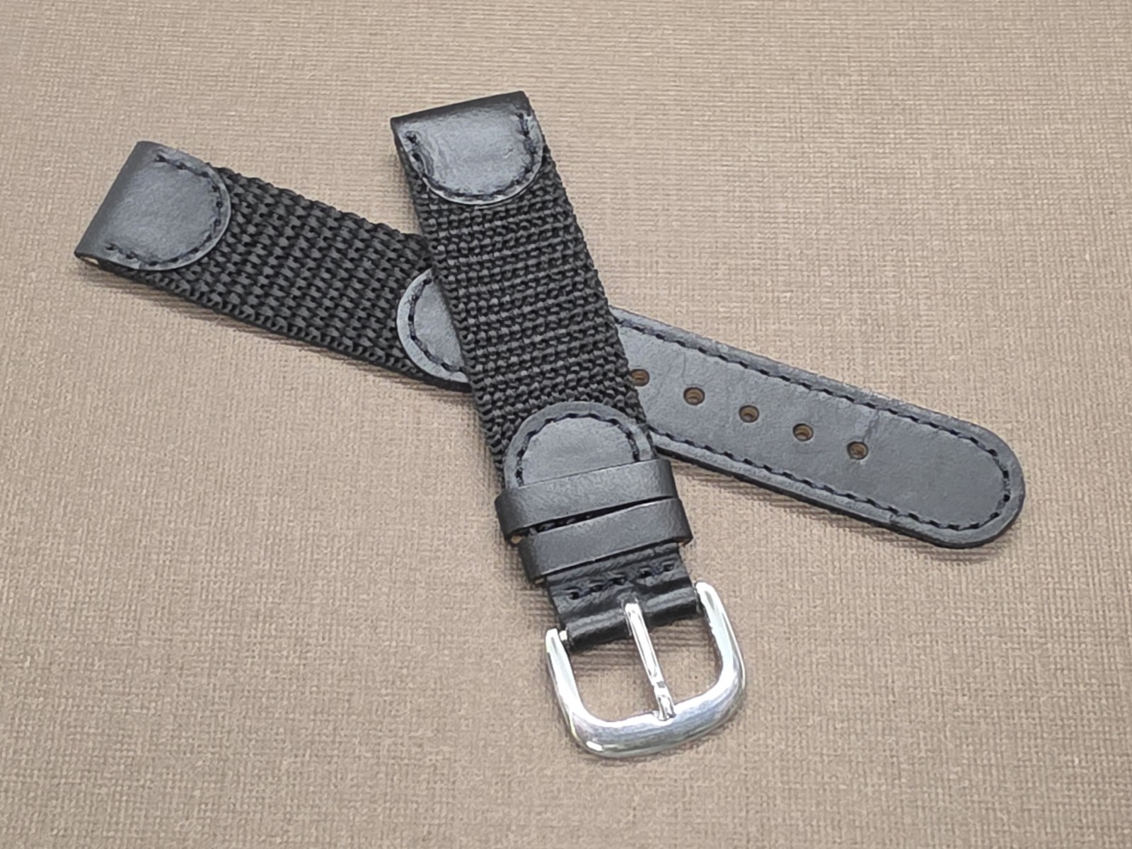 Vintage NOS Swiss Army Style 18mm Black Stitched Leather & Nylon Watch Band