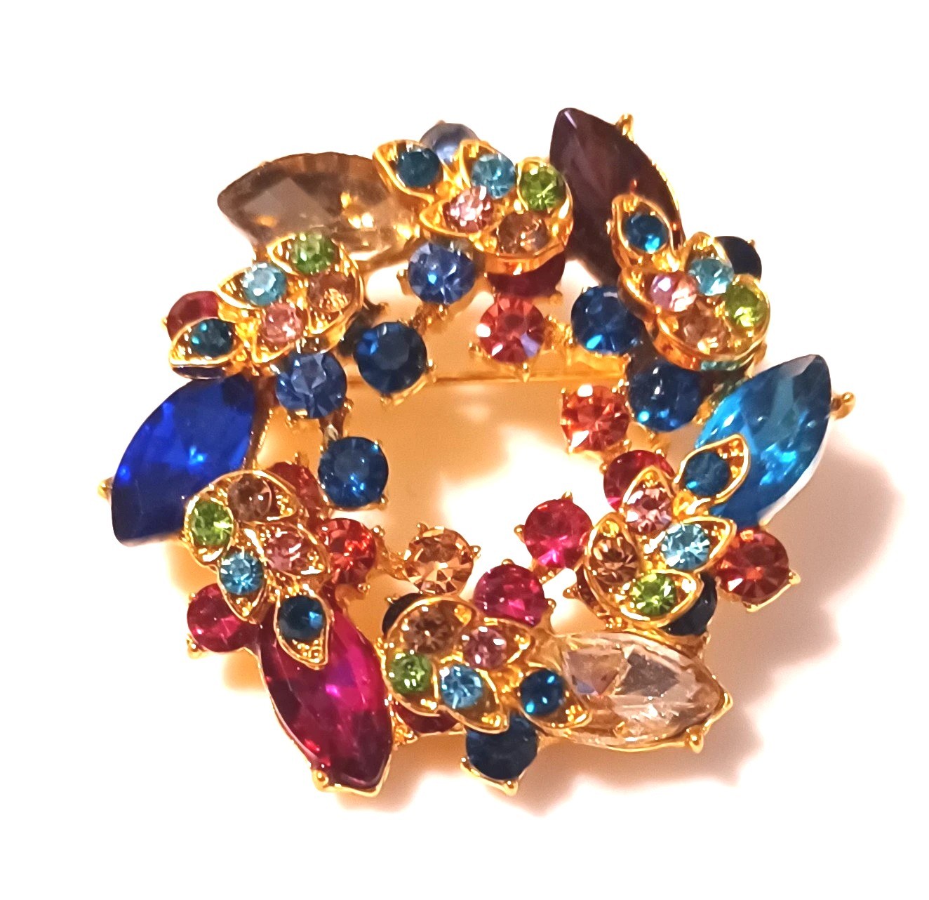 Bright Colorful Wreath Brooch Pin Sparkly Layer Crystal Rhinestones Gold Tone
