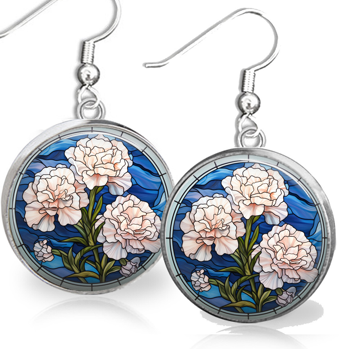 Carnation Earrings Floral Faux Stained Glass Art January Birth Month Flower