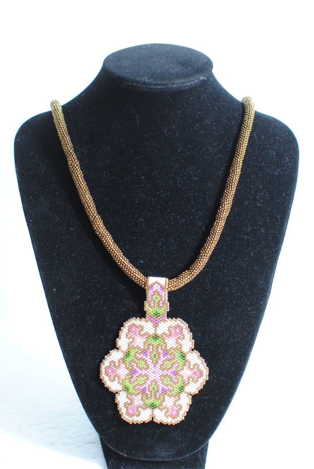 Hand Beaded Artist Design Multi Colored 3″ Pendant 24 inch Gold Beaded Chain