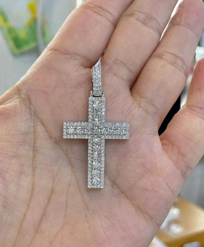 3 Ct Round Cut Moissanite Men’s Religious Cross Pendant Real 925 Sterling Silver