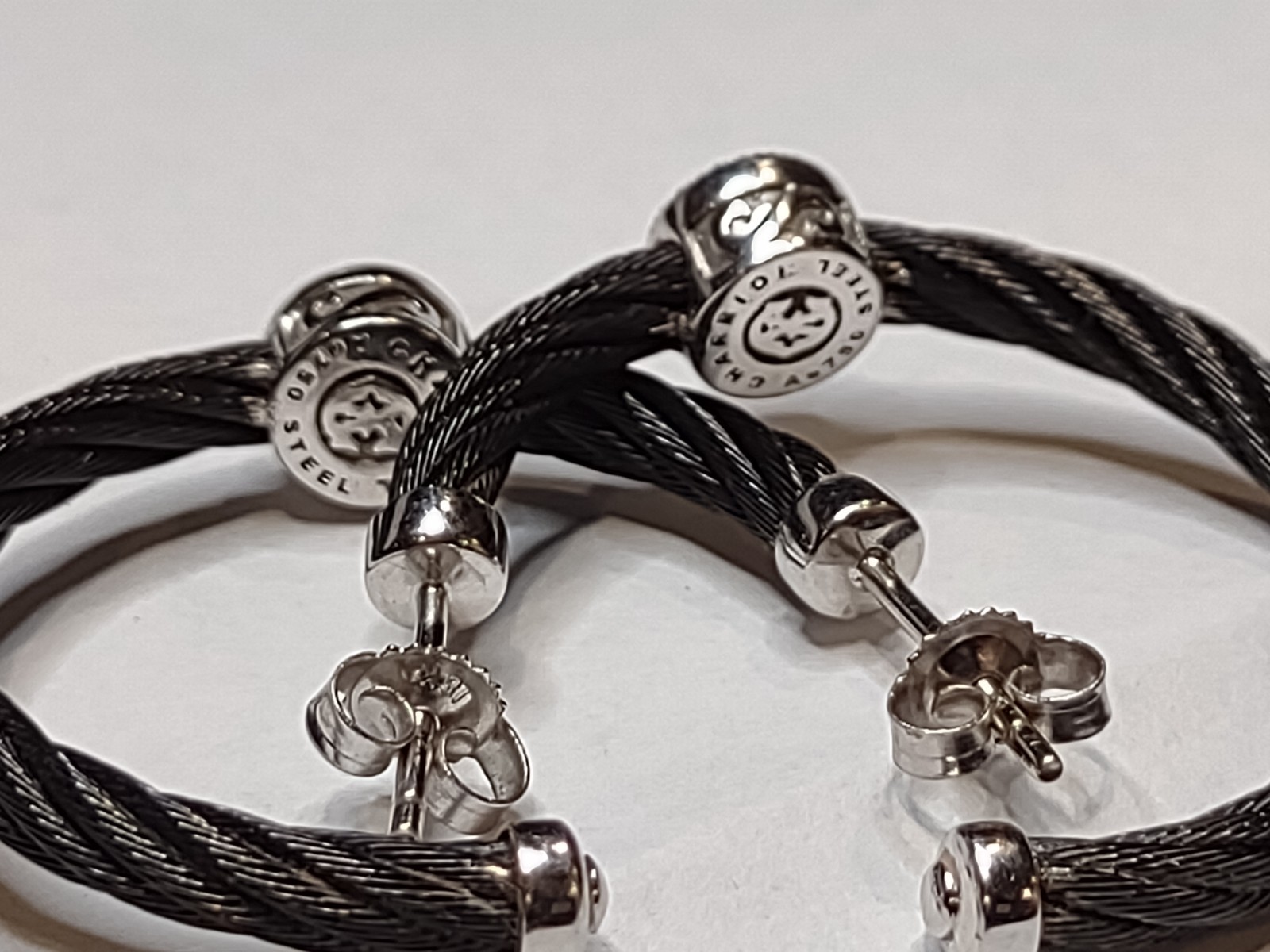 Charriol Black Steel Cable Hoop Earrings With 18Kt White Gold And Diamonds