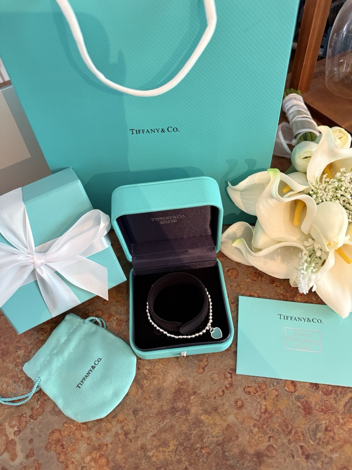 Tiffany & Co. Blue Heart Tag Bead Bracelet ( 7.5 Inches )