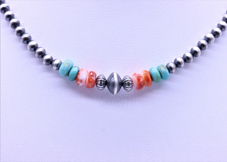 Kingman Turquoise and Spiny Oyster Necklace | Sterling Silver Navajo Jewelry