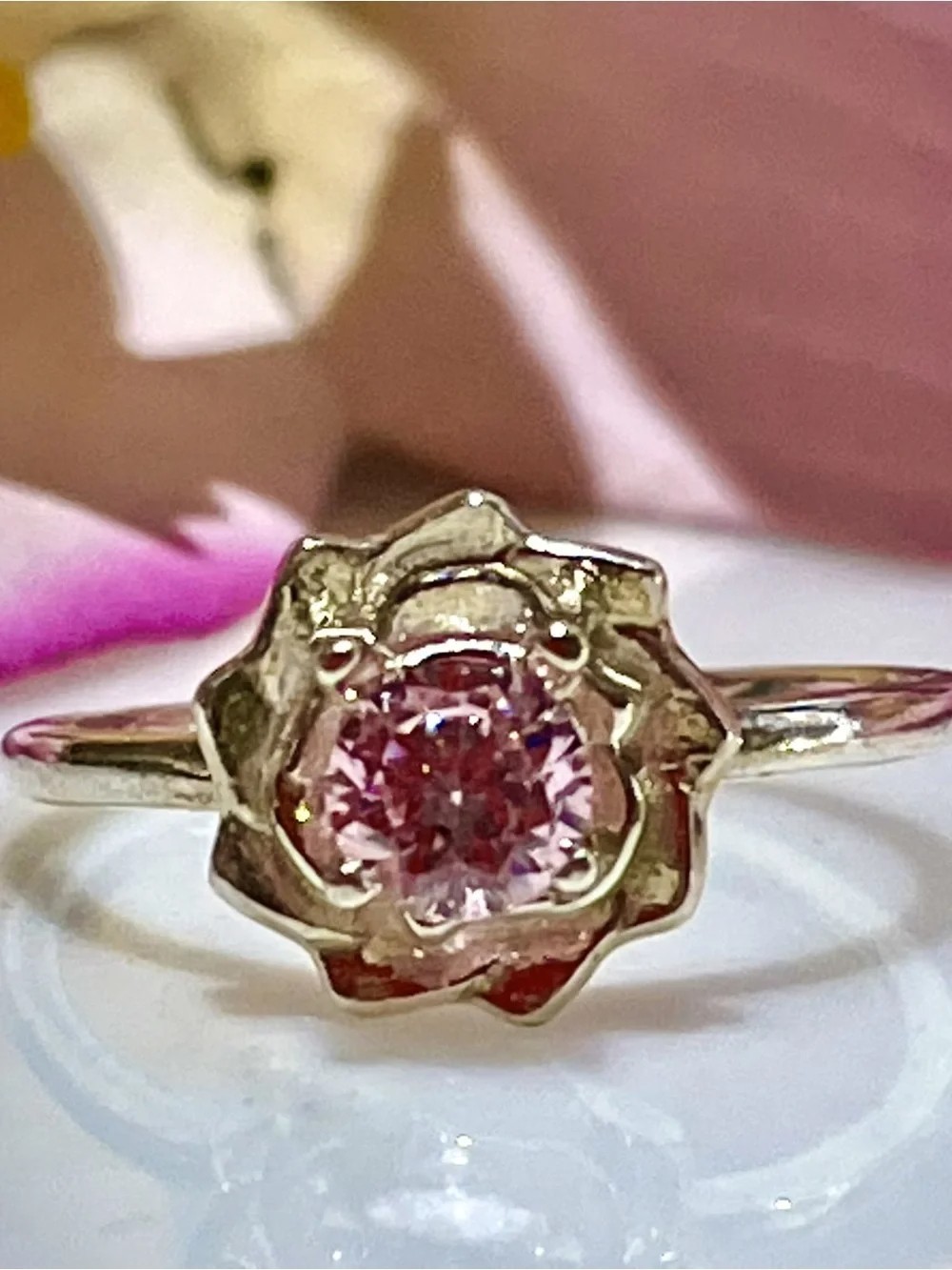 Flower Design (Simulated Diamond Pink Cubic Zirconia~5mm) 925 SS Ring