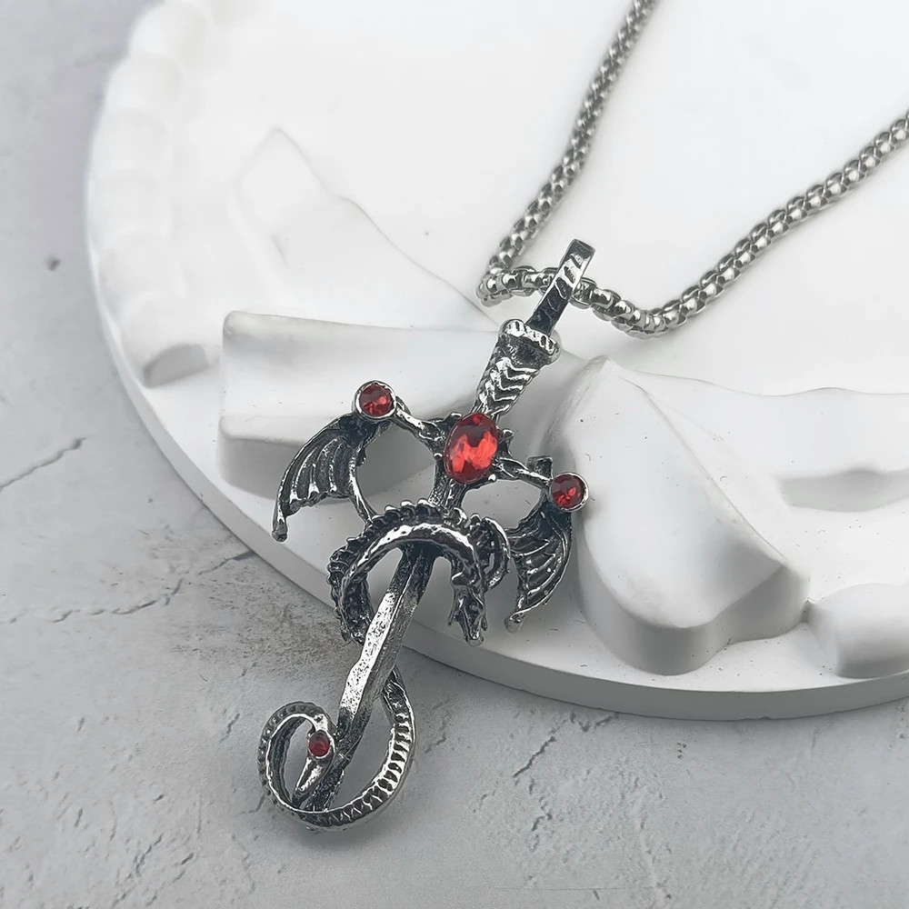 Vintage Imitation Gemstone Dragon Sword Pendant Necklace Accessories Stainless S