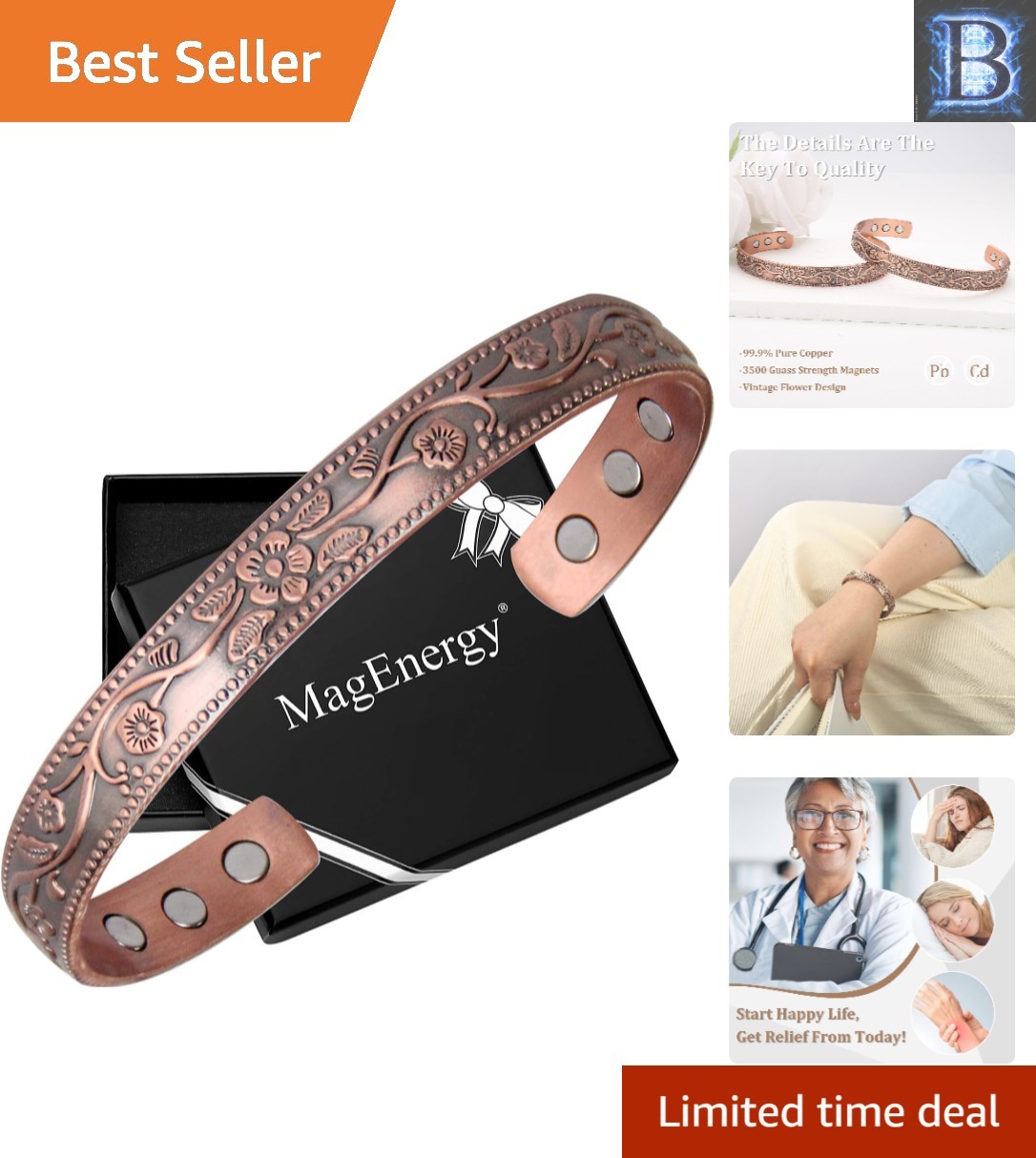 Elegant 99.9% Pure Copper Magnetic Bracelet with Vintage Flower Design