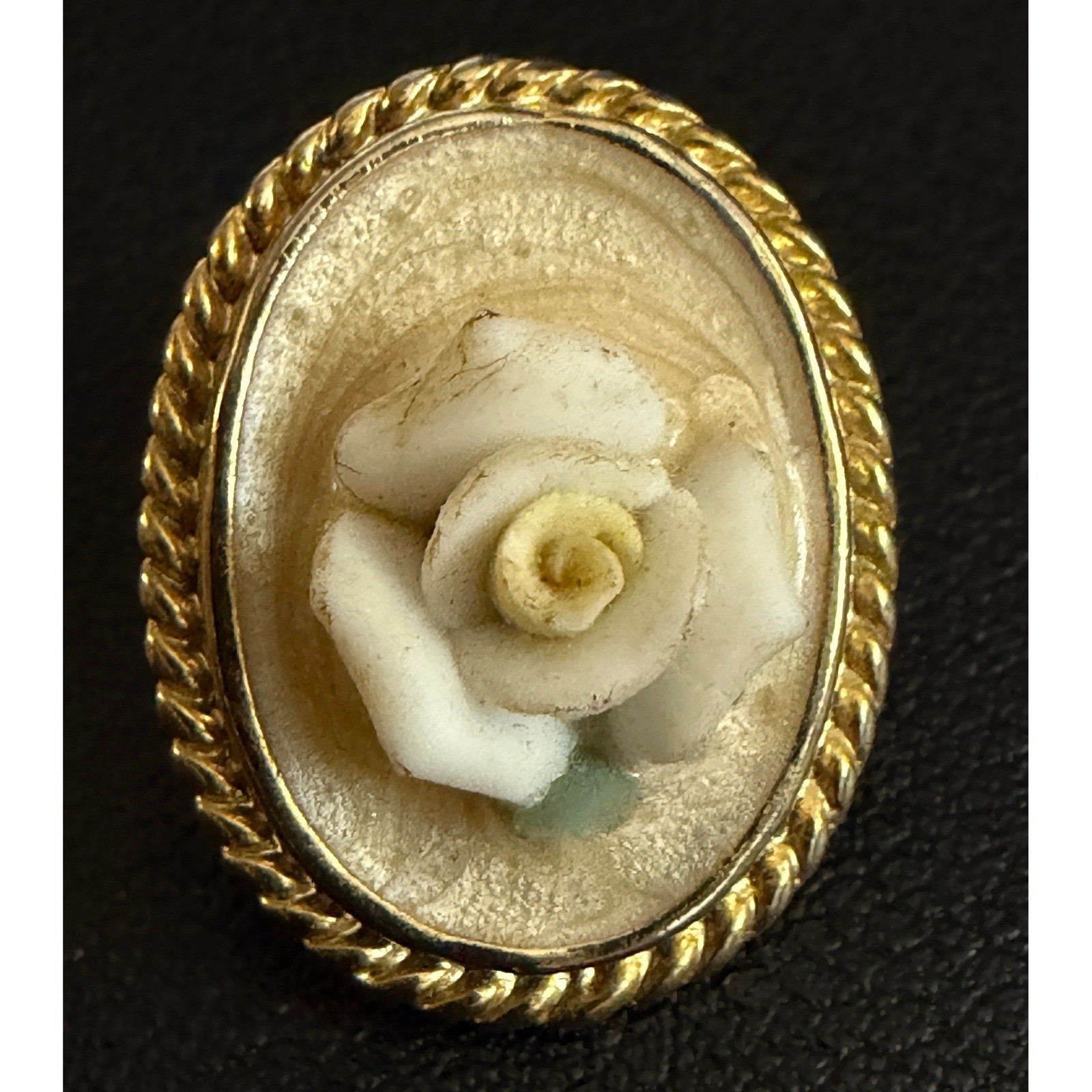 Vintage Earrings Romantic Enamel Porcelain Floral Gold Tone White Cream