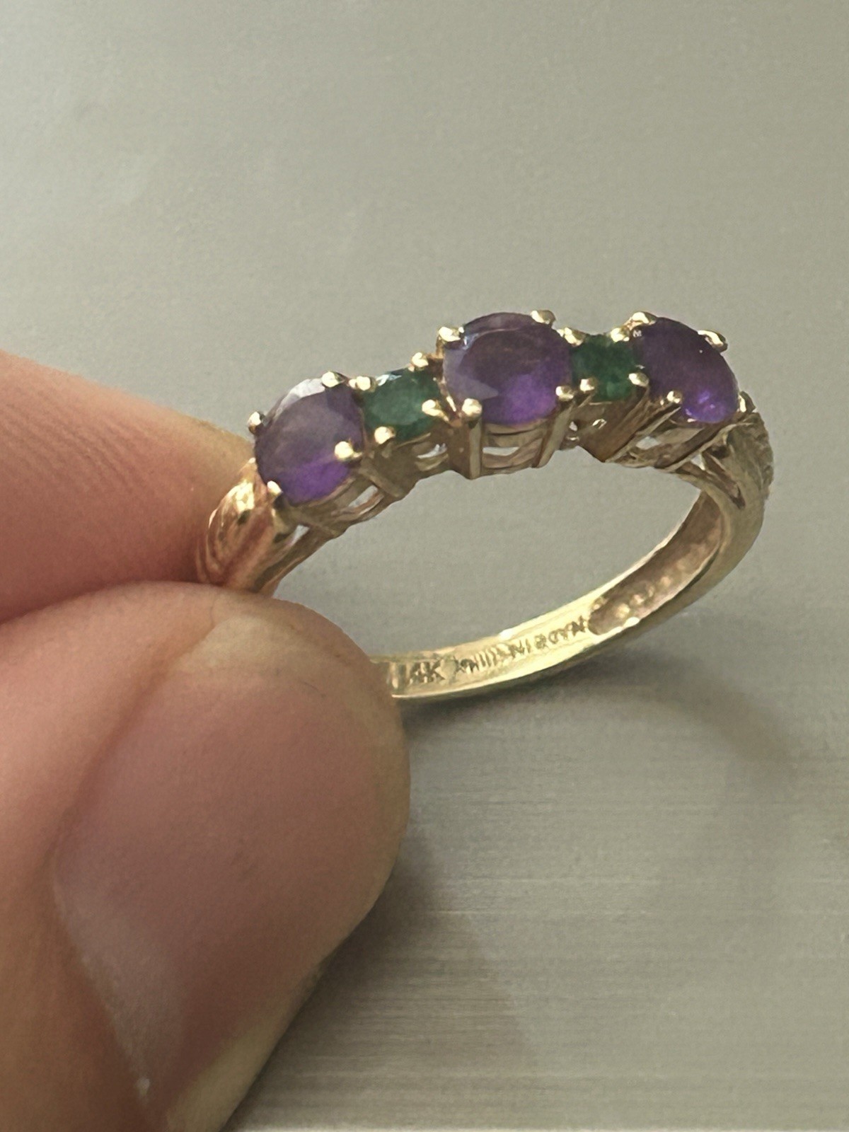 Solid 14k Gold Amethyst Green Onyx Gemstone Ring Size 5.75 2.4 Grams
