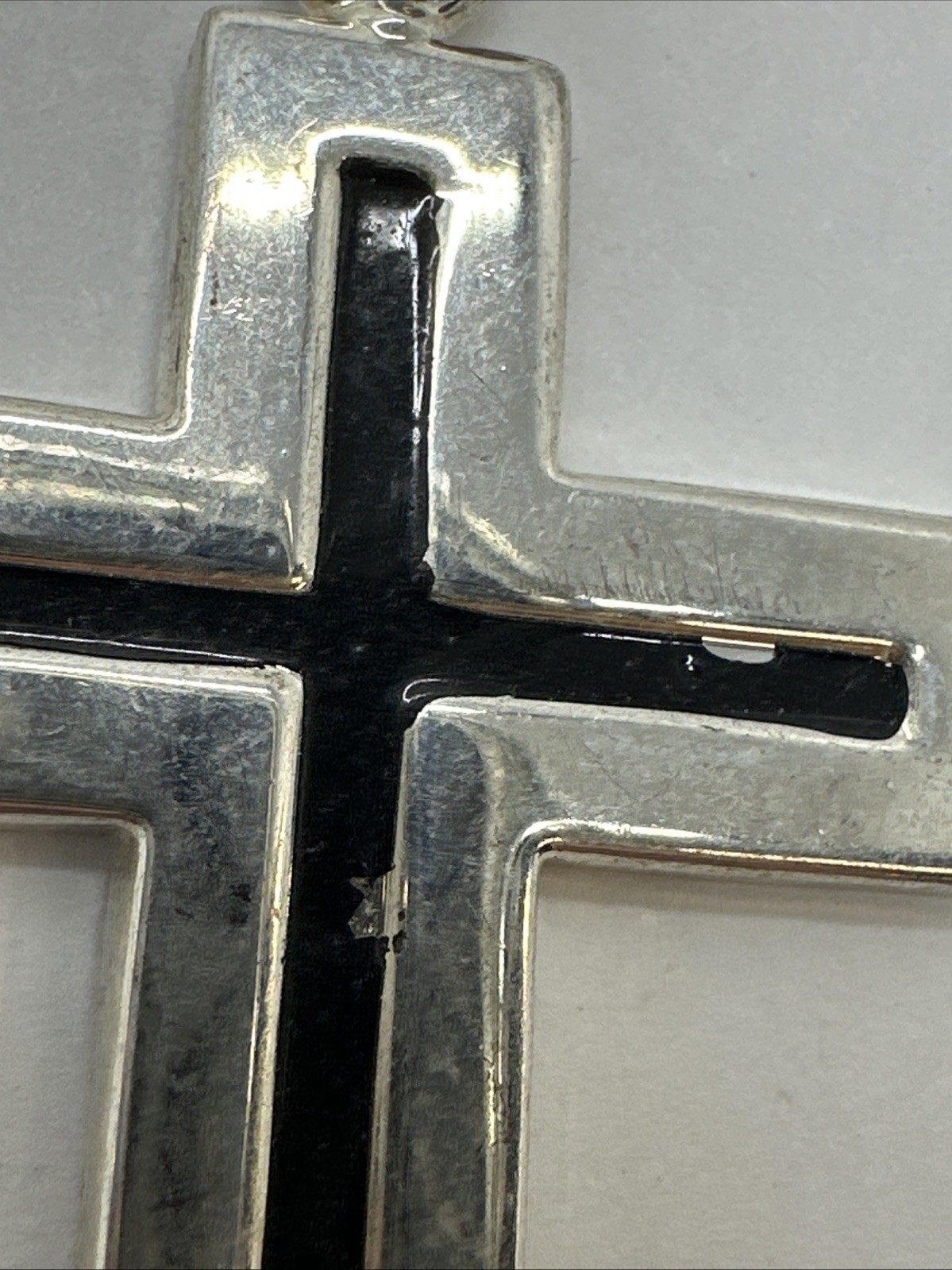 Unisex Silver Tone Black Enamel Cross Pendant Signed BEST—2 1/2″ inches