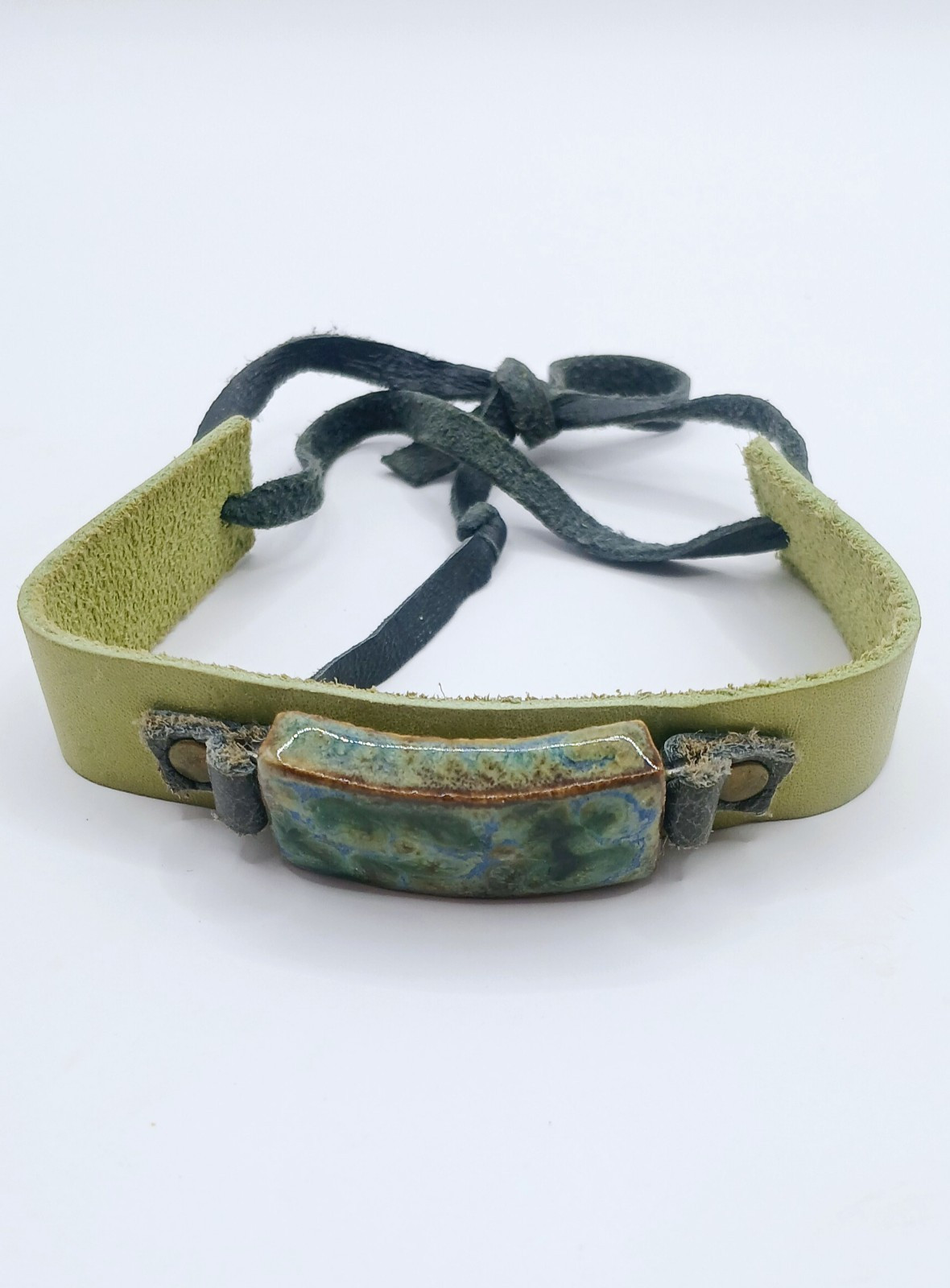 Green Glazed Ceramic Leather Adjustable Tie Bracelet