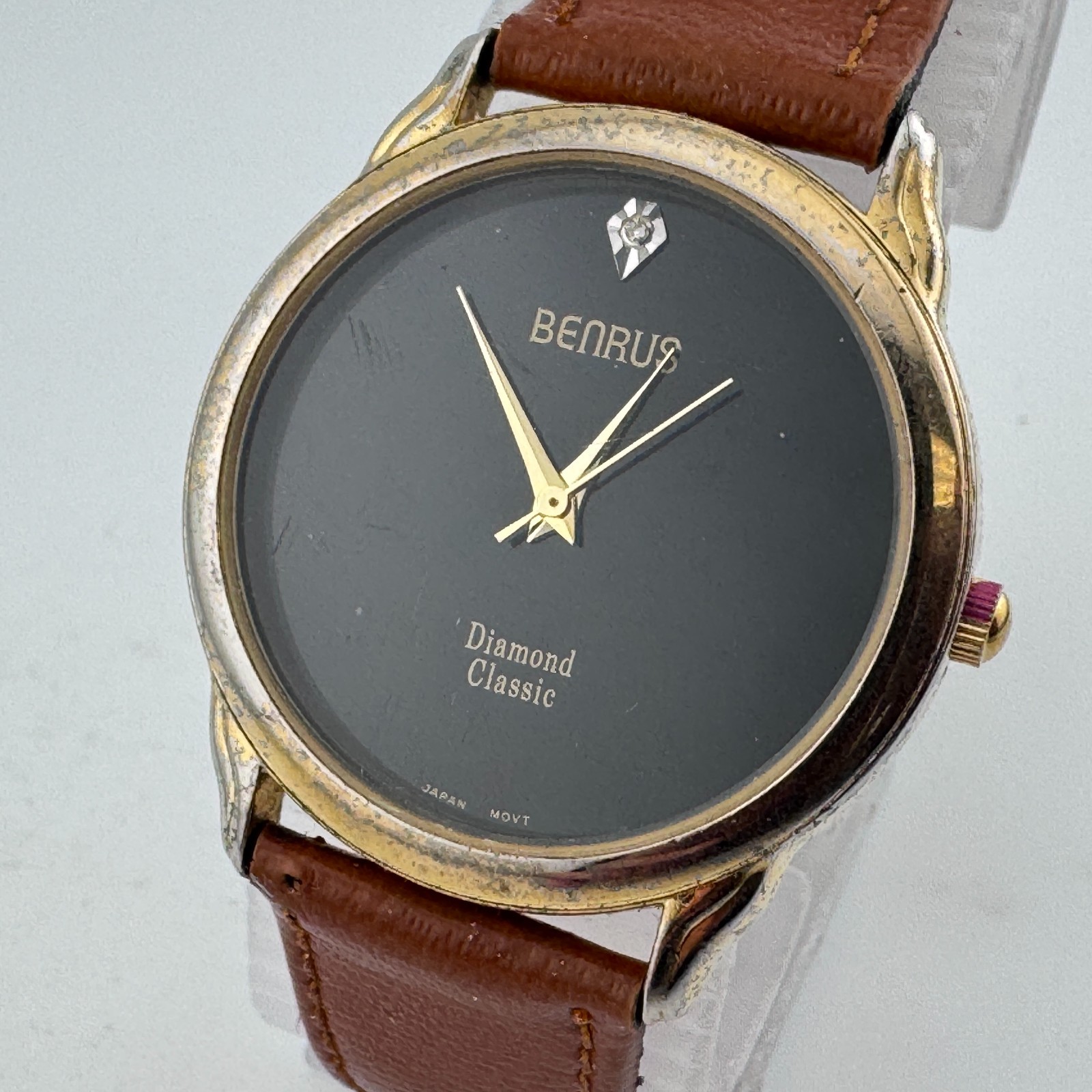 VTG Benrus Quartz Watch Men Gold Tone Diamond Black Leather Analog New Battery