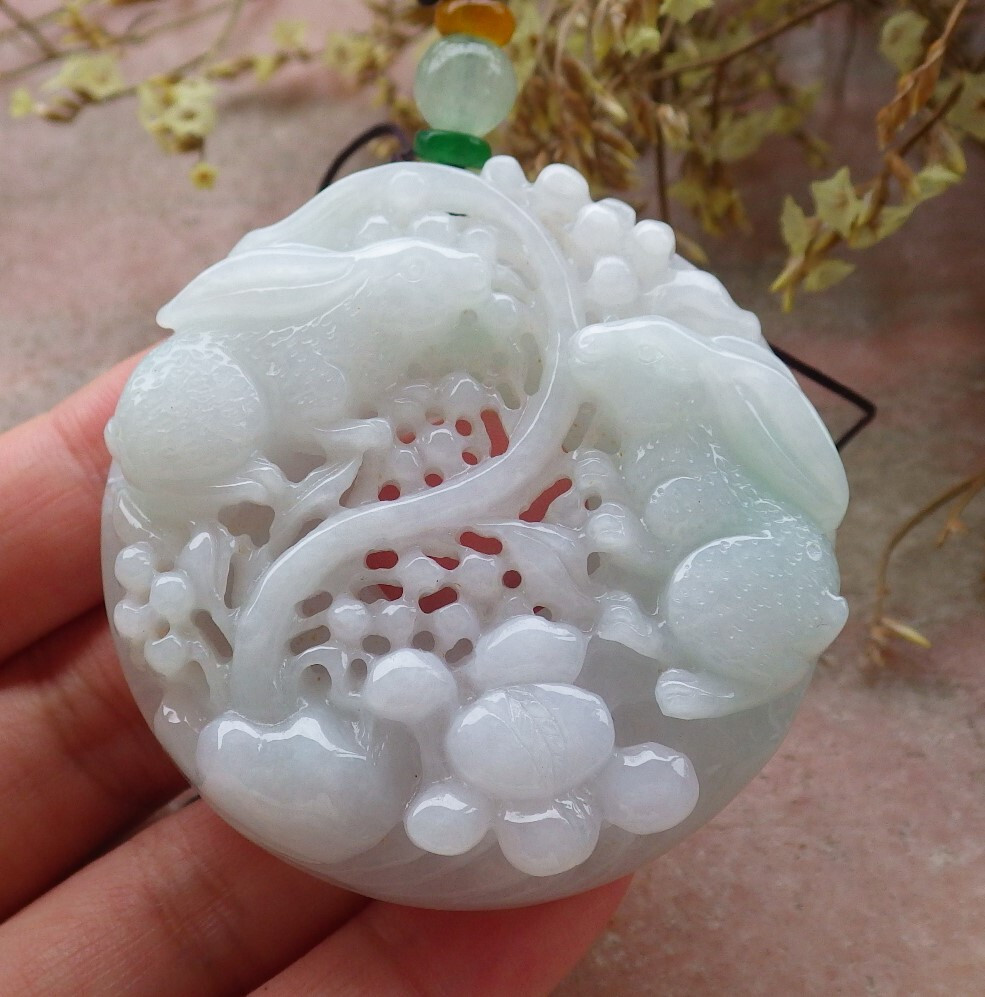 Certified Green Burma 100% Natural A Jade jadeite Pendant Rabbit Teer 兔子 604836