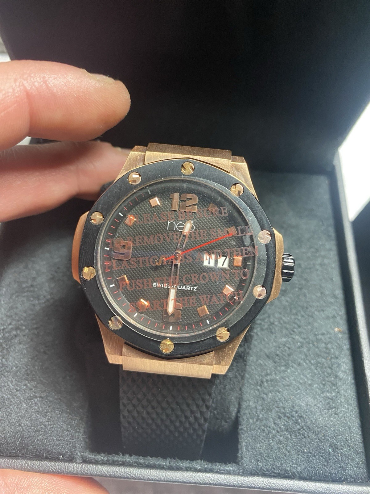 NEO Swiss mens Date Watch New Battery Krysterna Crystal Brass Black New In Box