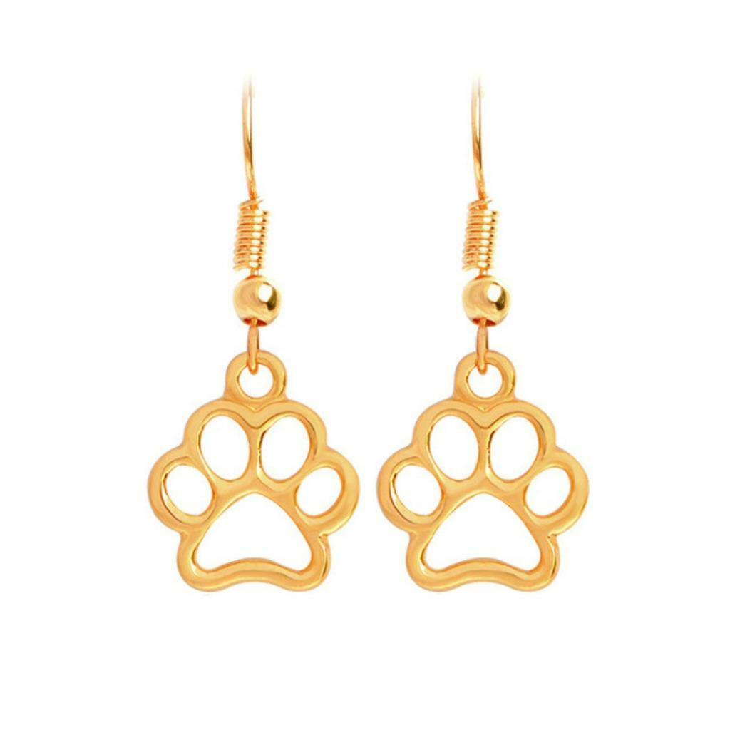 DOG PAW PRINT EARRINGS 1.3″ Drop Dangle Pet Lover Cut Out Stainless Steel Wires
