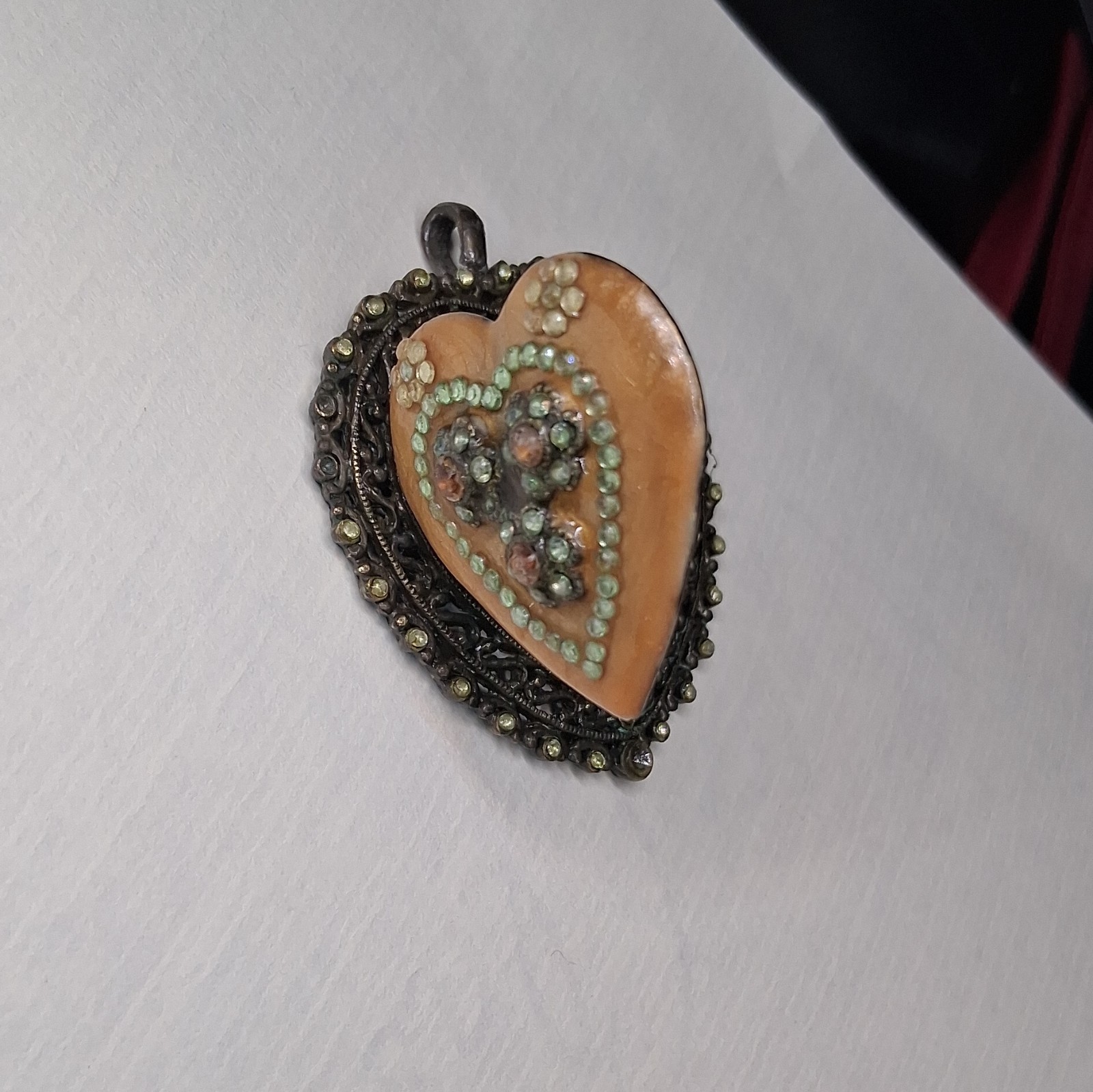 Heart Photo Locket Pendant, Silver Tone Metal, Green Round Crystal, Love Theme