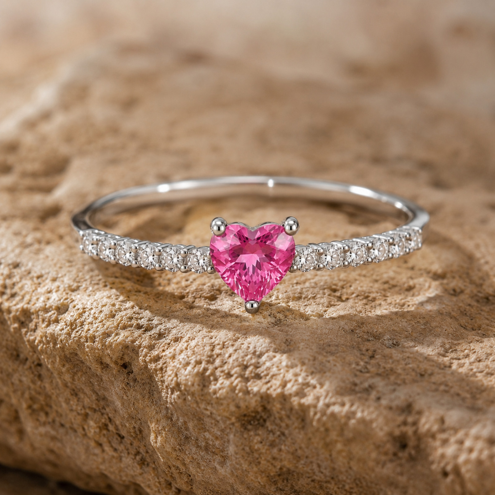 925 Sterling Silver Pink Heart Ring White Zircon Prong Set Promise Gift Ring