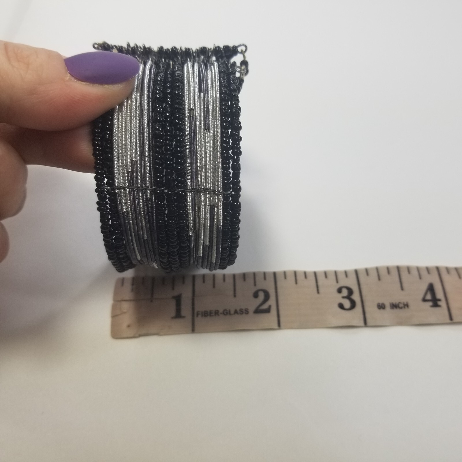 Beaded Wrap Cuff Bracelet Silver Tone Black Seed Beads, Flexible Fit, 1.5″ wide
