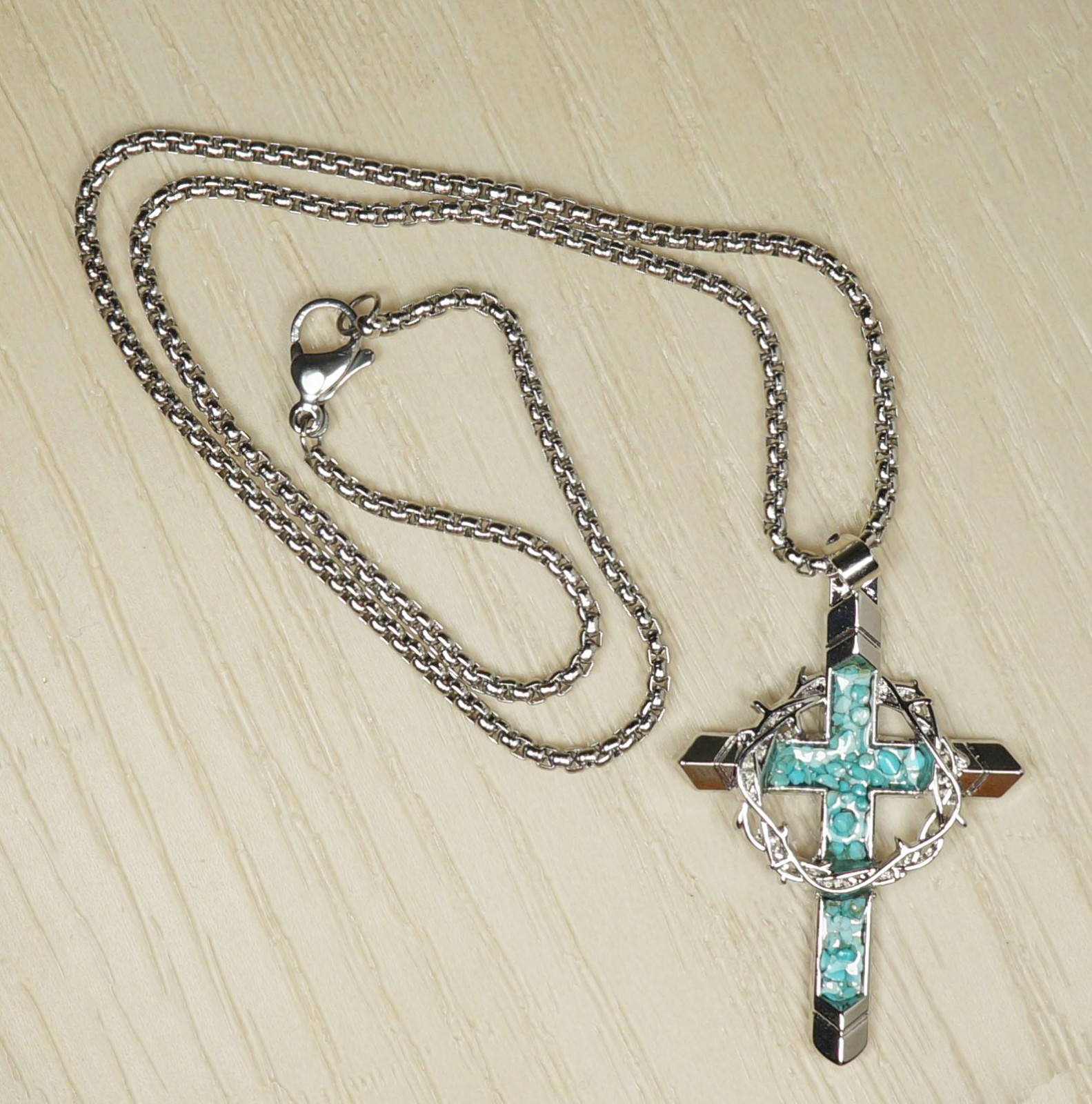 Silver Cross & Crown of Thorns Pendant Turquoise Inlay, Stainless Steel Chain