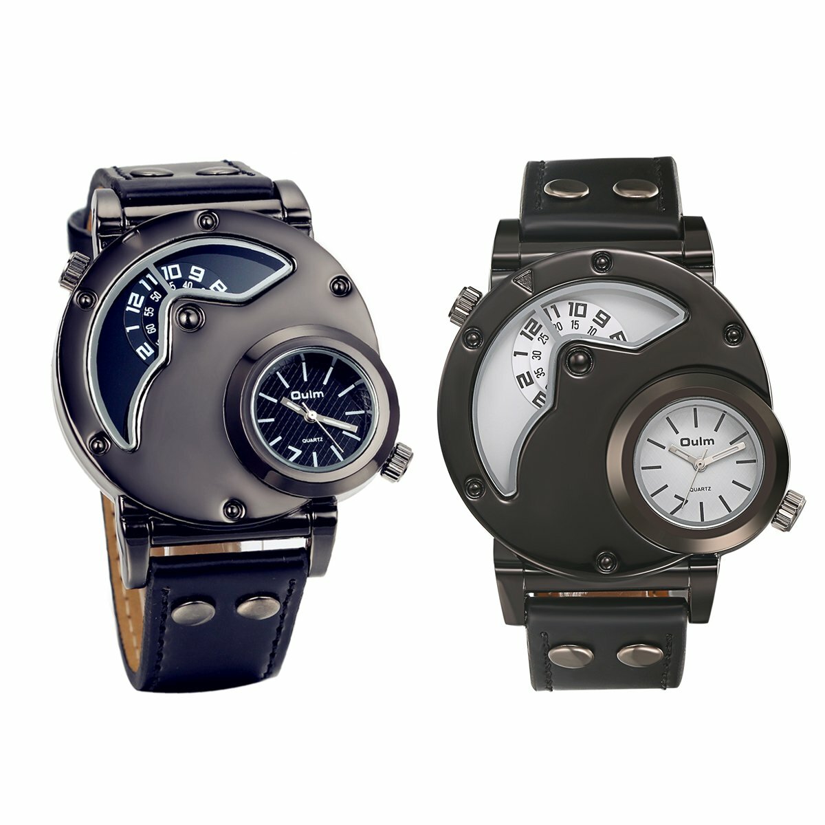 Luxury Mens Watch Big Dial Dual Time Zone Leather Band Analog Quartz Wrist Watch