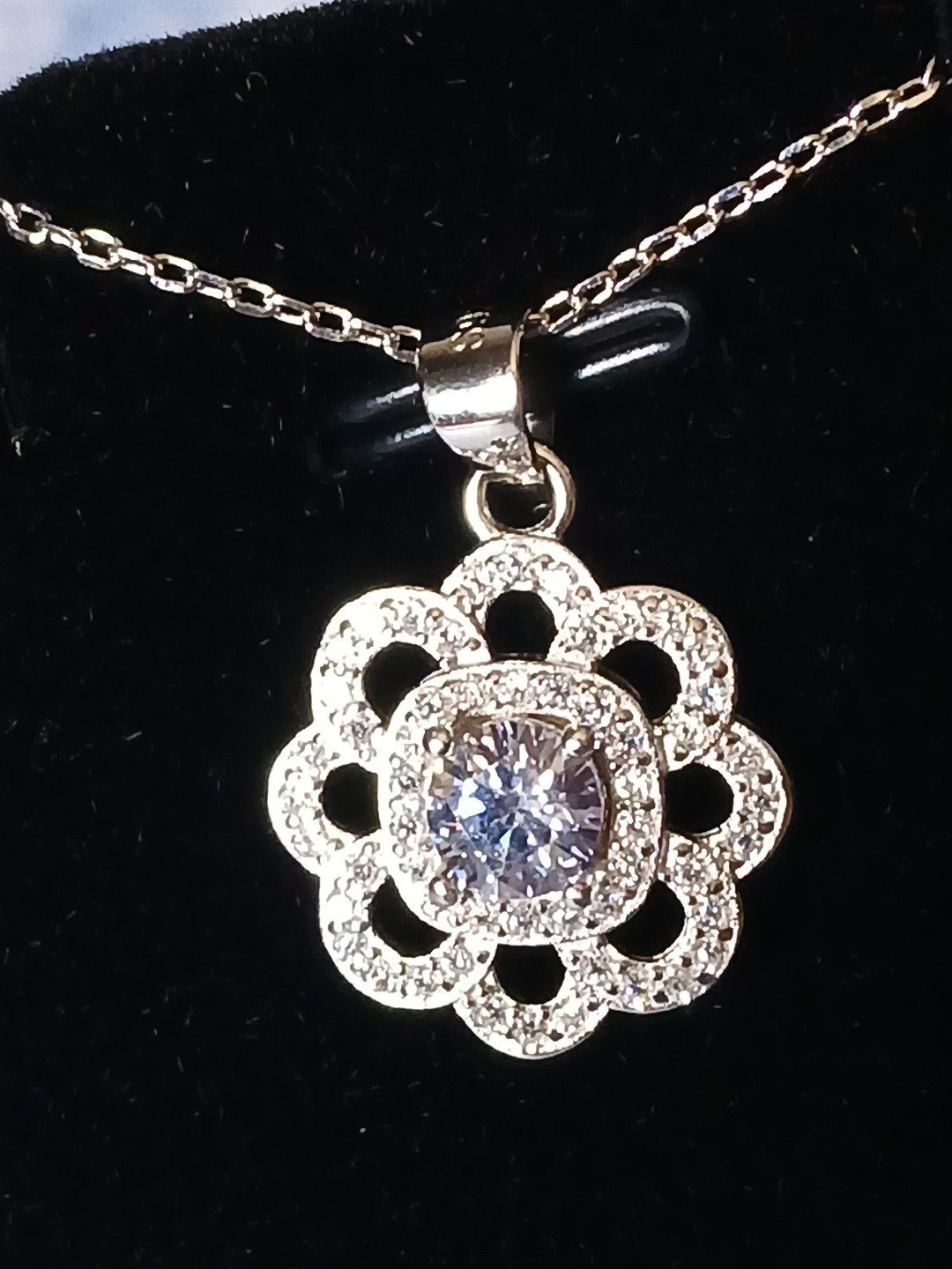 Moissanite Flower Shaped Pendant .8ct, 15-17″, Rhodium Platinum Over Sterling